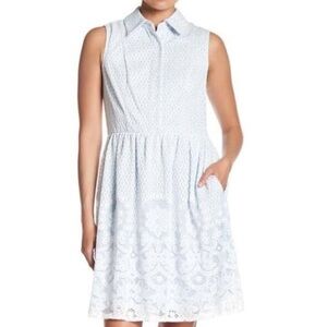 Sandra Darren blue/white lace collared casual dress Sz 14 fit & flare pockets